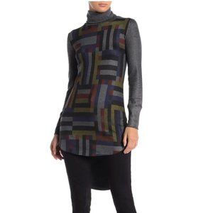 NEW! GO Couture Women's Turtleneck High/Low Hem Tunic Sweater Colorblock NWT